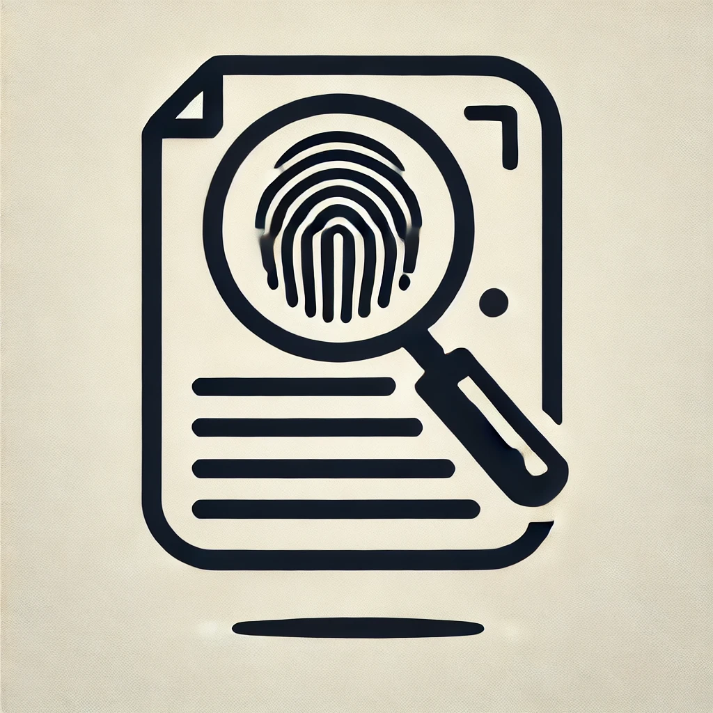 a black and white logo with a magnifying glass and a fingerprint